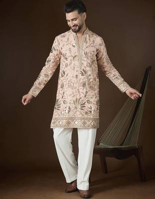 peach poly georgette sequinned embroidered kurta with trouser set 1