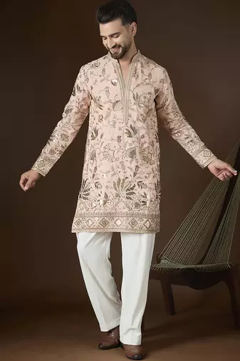 Men’s peach poly georgette sequinned embroidered kurta with trouser set | trendy designer ethnic wear for wedding