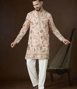 peach poly georgette sequinned embroidered kurta with trouser set