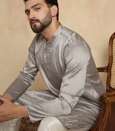 grey silk blend kurta with solid beads and stones embroidery