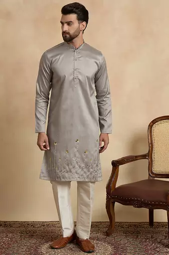 Men’s grey silk blend kurta with solid beads and stones embroidery | trendy ethnic wear for festive, wedding