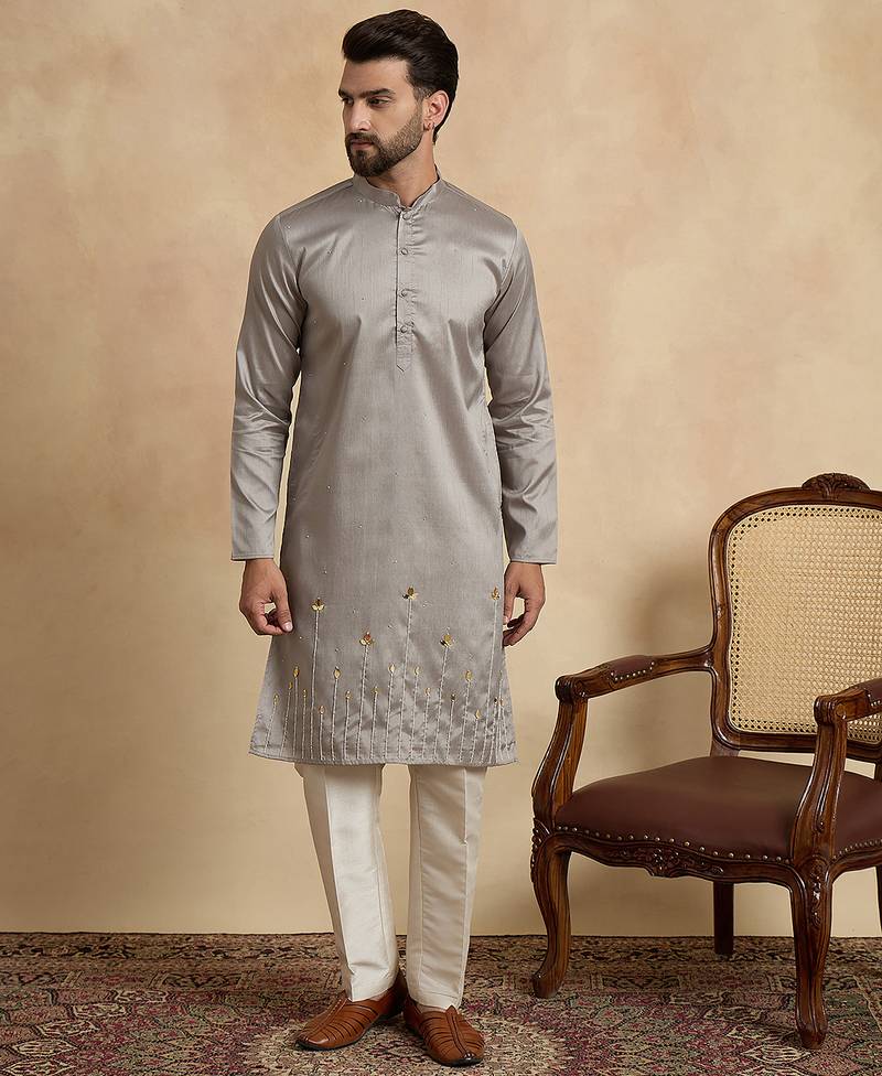 grey silk blend kurta with solid beads and stones embroidery