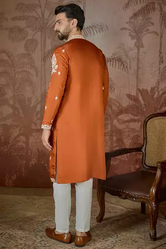 Men’s orange silk blend thread work embroidered kurta with trouser set | trendy designer ethnic wear for wedding