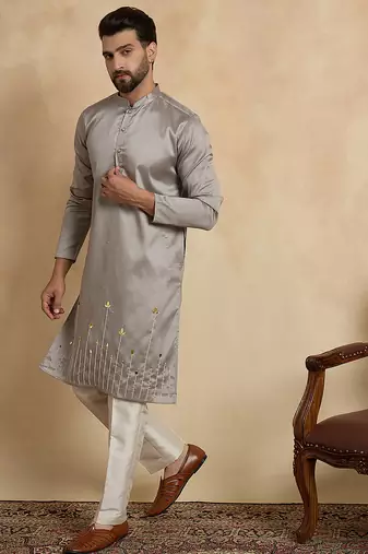 Men’s grey silk blend kurta with solid beads and stones embroidery | trendy ethnic wear for festive, wedding