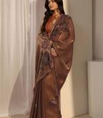 brown floral beads and stones tissue saree