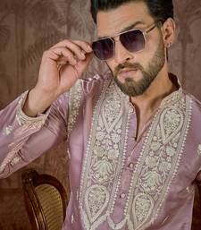 pink silk blend kurta with solid thread work embroidery