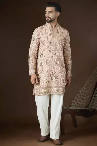 Men’s peach poly georgette sequinned embroidered kurta with trouser set | trendy designer ethnic wear for wedding