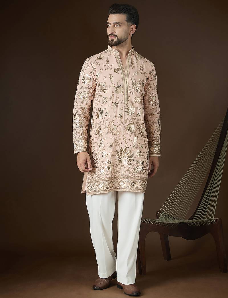 peach poly georgette sequinned embroidered kurta with trouser set
