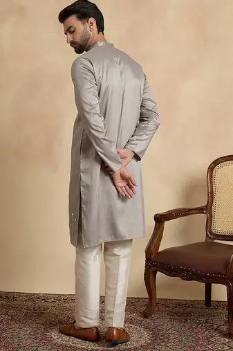 Men’s grey silk blend kurta with solid beads and stones embroidery | trendy ethnic wear for festive, wedding