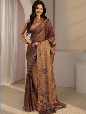 brown floral beads and stones tissue saree 2