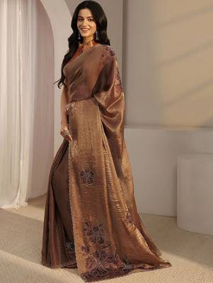 brown floral beads and stones tissue saree 3