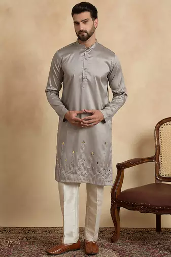 Men’s grey silk blend kurta with solid beads and stones embroidery | trendy ethnic wear for festive, wedding