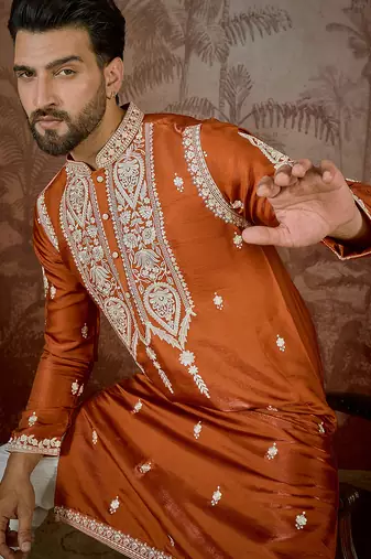 Men’s orange silk blend kurta with solid thread work embroidery | trendy ethnic wear for festive, wedding
