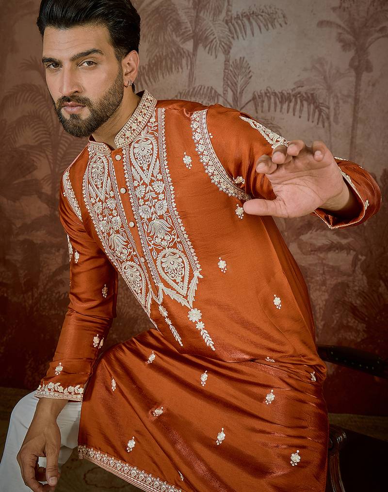 Men’s orange silk blend kurta with solid thread work embroidery | trendy ethnic wear for festive, wedding