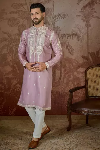 Men’s pink silk blend kurta with solid thread work embroidery | trendy ethnic wear for festive