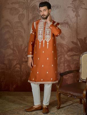 Men’s orange silk blend kurta with solid thread work embroidery | trendy ethnic wear for festive, wedding 1