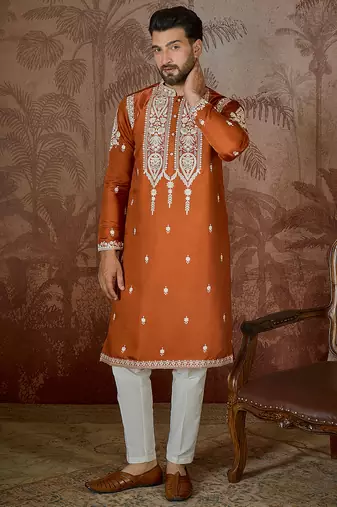 Men’s orange silk blend kurta with solid thread work embroidery | trendy ethnic wear for festive, wedding