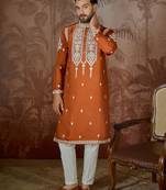 Men’s orange silk blend kurta with solid thread work embroidery | trendy ethnic wear for festive, wedding