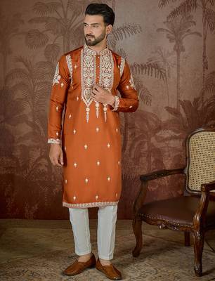 Men’s orange silk blend kurta with solid thread work embroidery | trendy ethnic wear for festive, wedding 3