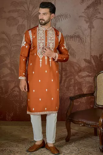 Men’s orange silk blend kurta with solid thread work embroidery | trendy ethnic wear for festive, wedding