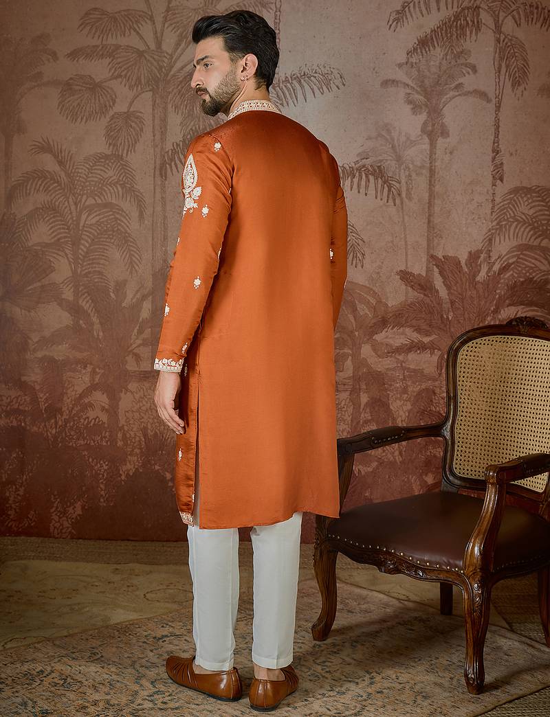 Men’s orange silk blend kurta with solid thread work embroidery | trendy ethnic wear for festive, wedding