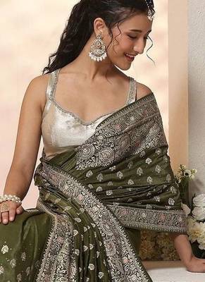 olive leaf green embellished satin saree with ethnic motifs 1