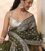 olive leaf green embellished satin saree with ethnic motifs