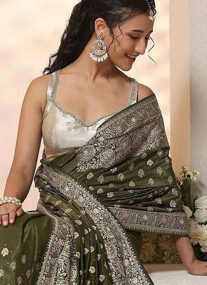 olive leaf green embellished satin saree with ethnic motifs