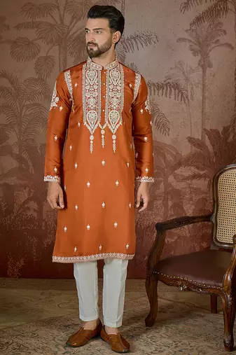 Men’s orange silk blend kurta with solid thread work embroidery | trendy ethnic wear for festive, wedding