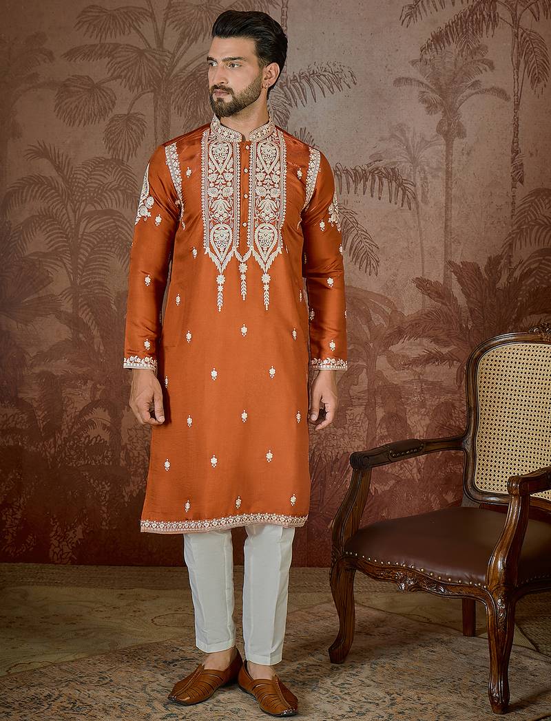 Men’s orange silk blend kurta with solid thread work embroidery | trendy ethnic wear for festive, wedding