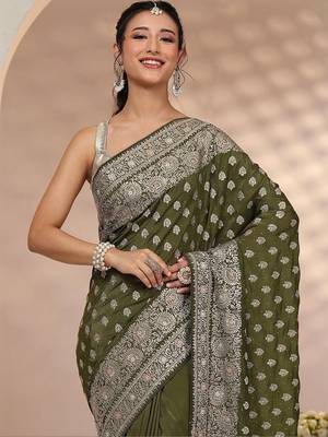 olive leaf green embellished satin saree with ethnic motifs 2
