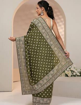 olive leaf green embellished satin saree with ethnic motifs 3