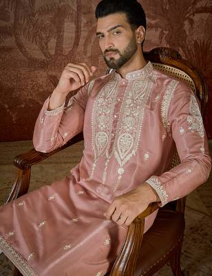 Men’s peach silk blend kurta with solid thread work embroidery | trendy ethnic wear for festive, wedding 2