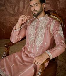 peach silk blend kurta with solid thread work embroidery