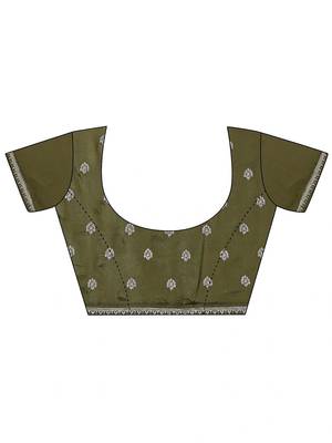 olive leaf green embellished satin saree with ethnic motifs 4