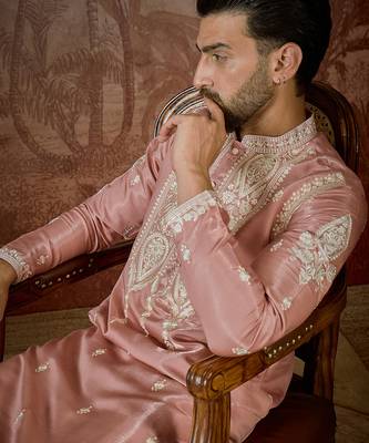 Men’s peach silk blend kurta with solid thread work embroidery | trendy ethnic wear for festive, wedding 3