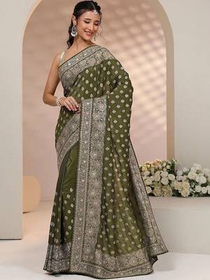olive leaf green embellished satin saree with ethnic motifs 5
