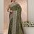olive leaf green embellished satin saree with ethnic motifs