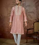 Men’s peach silk blend kurta with solid thread work embroidery | trendy ethnic wear for festive, wedding
