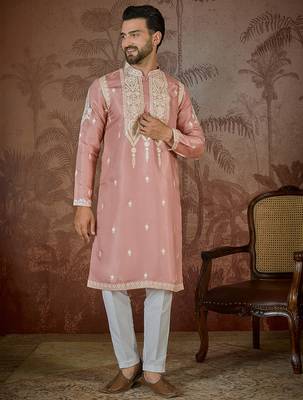 Men’s peach silk blend kurta with solid thread work embroidery | trendy ethnic wear for festive, wedding 5
