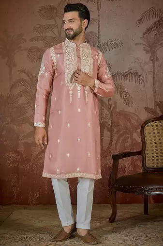Men’s peach silk blend kurta with solid thread work embroidery | trendy ethnic wear for festive, wedding