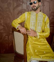 yellow silk blend kurta with solid thread work embroidery