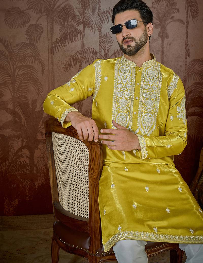 Men’s yellow silk blend kurta with solid thread work embroidery | trendy ethnic wear for festive, wedding