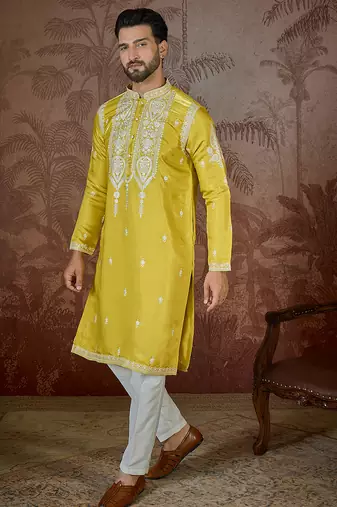 Men’s yellow silk blend kurta with solid thread work embroidery | trendy ethnic wear for festive, wedding