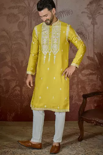 Men’s yellow silk blend kurta with solid thread work embroidery | trendy ethnic wear for festive, wedding