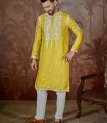 Men’s yellow silk blend kurta with solid thread work embroidery | trendy ethnic wear for festive, wedding