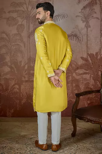 Men’s yellow silk blend kurta with solid thread work embroidery | trendy ethnic wear for festive, wedding