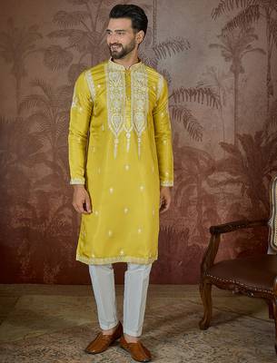Men’s yellow silk blend kurta with solid thread work embroidery | trendy ethnic wear for festive, wedding 5