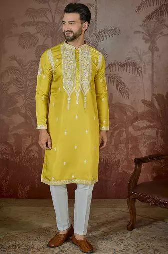Men’s yellow silk blend kurta with solid thread work embroidery | trendy ethnic wear for festive, wedding