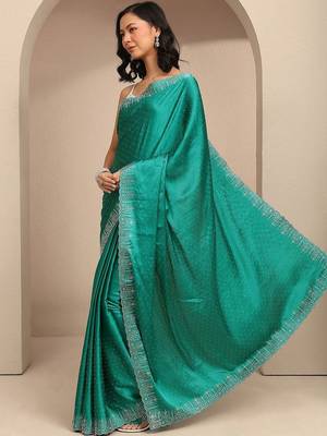 teal embellished saree with unstitched blouse piece 1